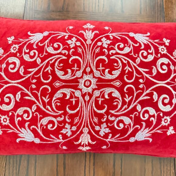 Storehouse Red Velvet Pillow Down Feather Fill Lumbar Silver Embroidered Holiday - Picture 4 of 9